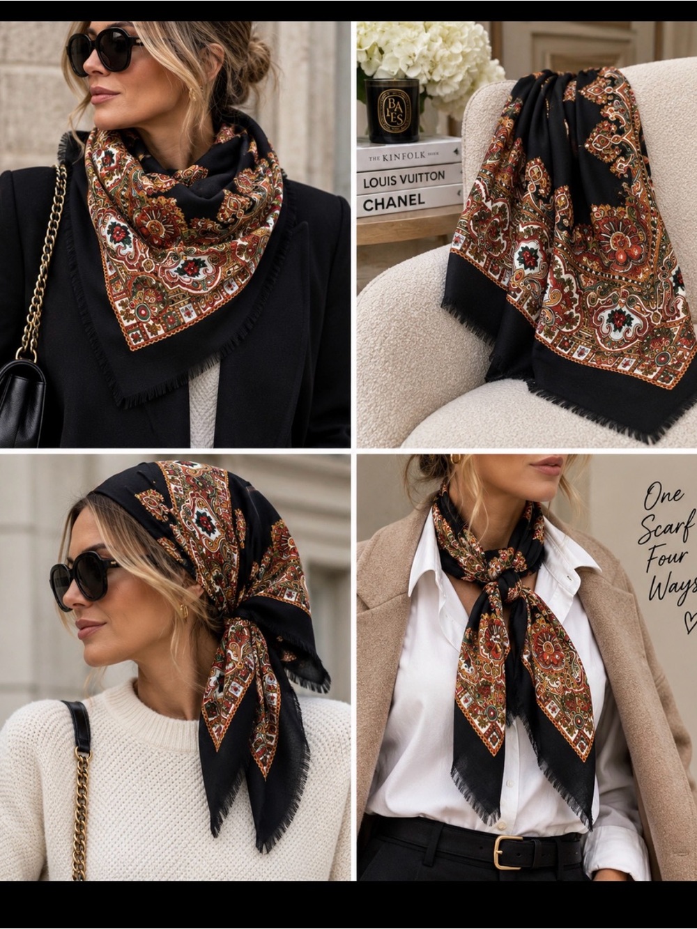 NEW Stunning Wool black Paisley floral Square scarf NWOT Price Firm!